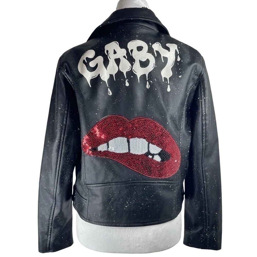 BROWNY STANDARD Women’s Leather Jacket/White Paint Splatter/Graffiti/Sequin S